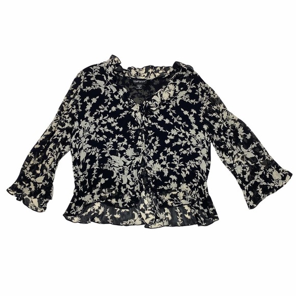 TEMPTATION Black & White Tie Waist L/S Blouse - Picture 5 of 11